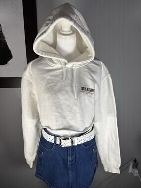Civil Regime White Cropped Hoodie Raw Hem Graphic Print Women’s Size Small